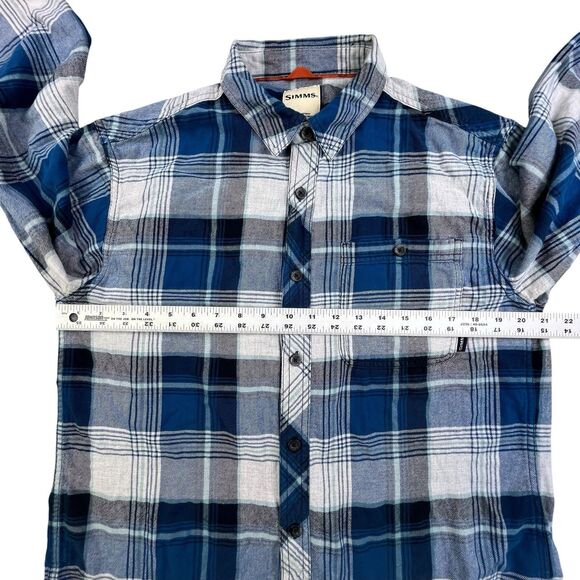 Simms Flannel Shirt Mens Medium Blue Gray Plaid Fishing Outdoor Camping - Picture 10 of 12